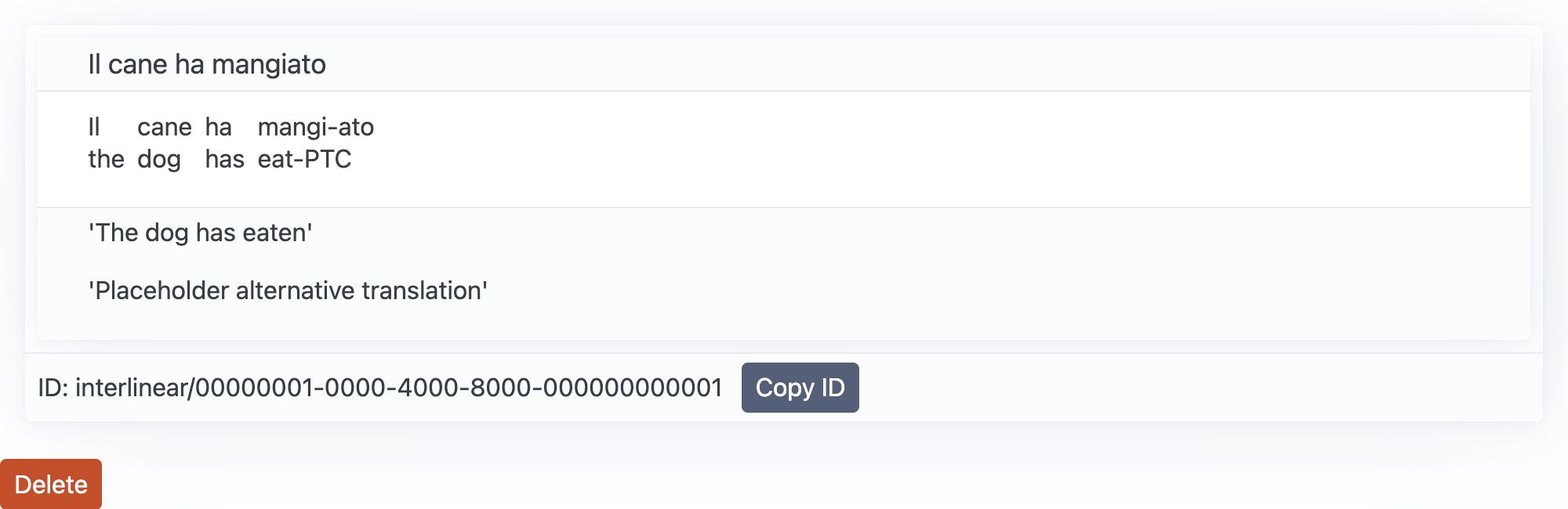 Delete button at the bottom of an opened Interlinear Gloss