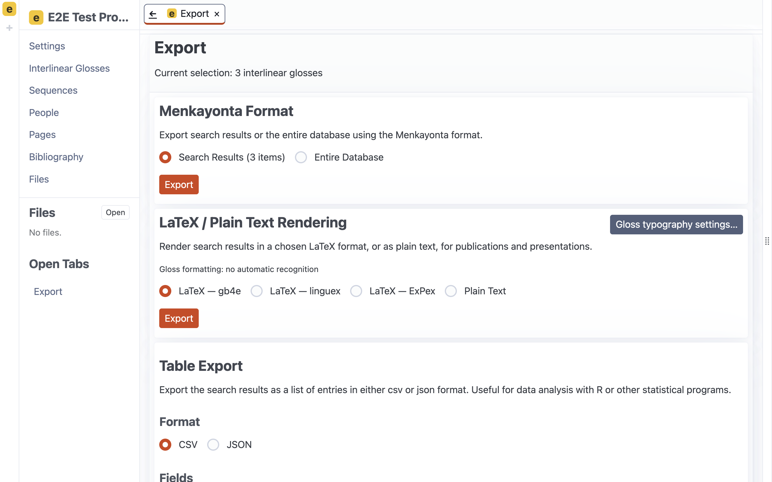 Menkayonta, LaTeX, plain-text, and table export options