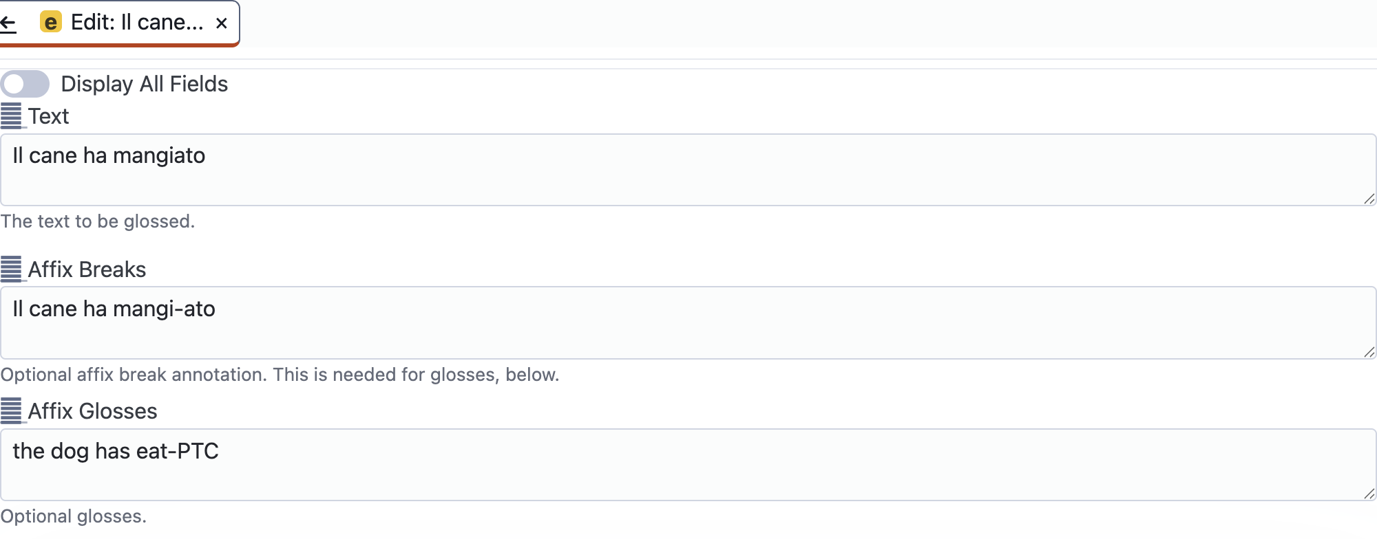 Interlinear Gloss form with commonly used fields displayed