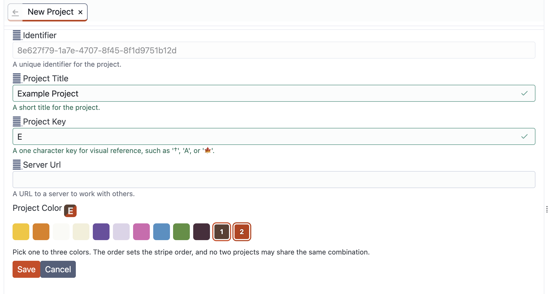 New Project form and colour picker